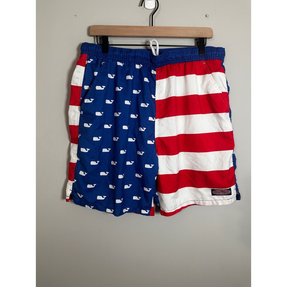 Vineyard Vines Men's Swim Trunks - Red, White & Blue Whale Print